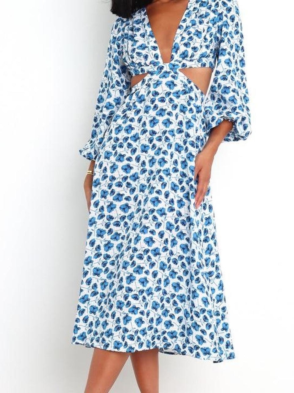 Petal and pup Blue Floral Cutout Midi Dress Women size 4 flowers balloon sleeves